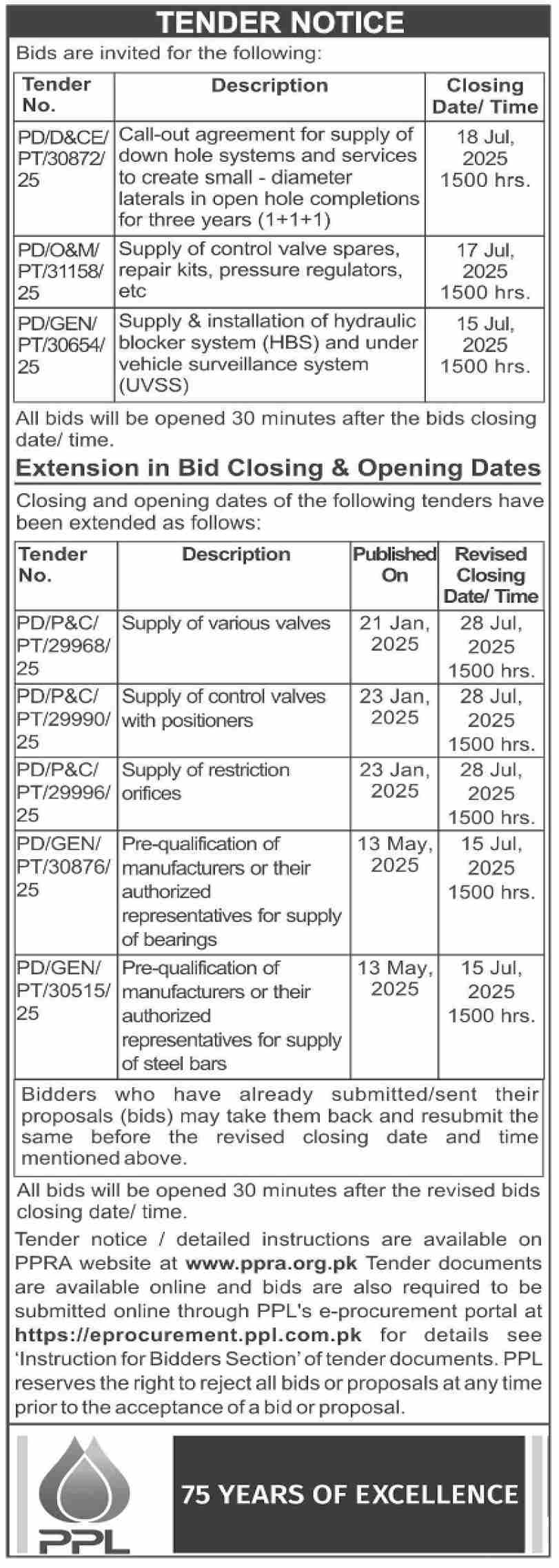 PPL Tender Notice
